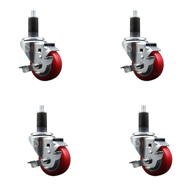 Service Caster 3'' SS Red Poly Swivel 1-1/4'' Expanding Stem Caster Set with Brake, 4PK SCC-SSEX20S314-PPUB-RED-TLB-114-4 - main